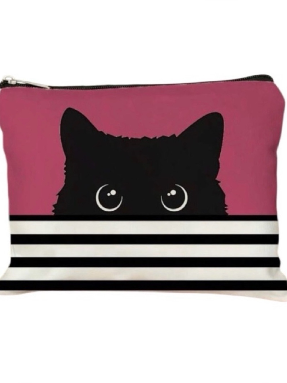 Black Cat Peek Makeup Bag Canvas Cosmetic Travel Pouch Striped Double Sided NWOT